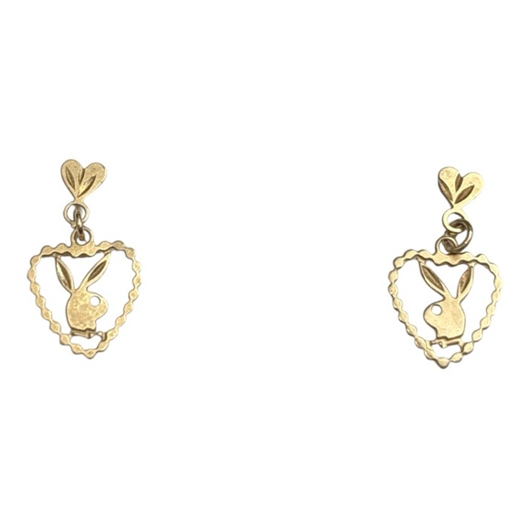 PLAYBOY Jewelry - Vintage 14KT Gold PLAYBOY Heart-Shaped Stud with Dangling Bunny Earrings Y2K